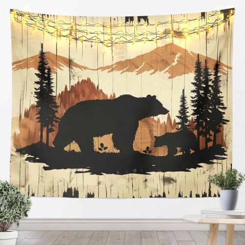 jejeloiu Rustic Wood Bear Pattern Tapestry Bear Silhouette Mountain Wall Art Pine Tree Wall Hanging Blanket for Living Room Bedroom Wildlife Home Decor Small 51"x59" - color: Beige Brown Black, size: Small