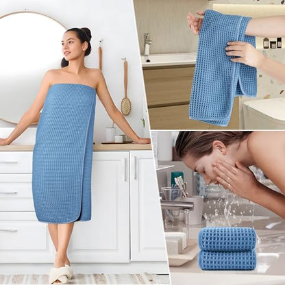 POLYTE 430 GSM Microfiber Quick Dry Lint Free Oversize Bath Towel Set, 6 Piece (Waffle Weave) - color: Blue
