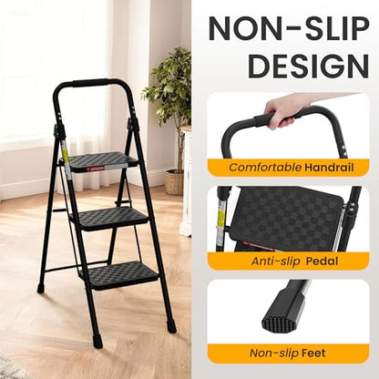 HBTower 3 Step Ladder, Folding Step Stool with Wide Anti-Slip Pedal, Step Stool Foldable with Cushioned Handle for Home and Kitchen, Black