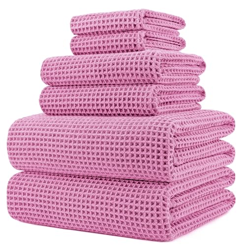 POLYTE 430 GSM Microfiber Quick Dry Lint Free Oversize Bath Towel Set, 6 Piece (Waffle Weave) - color: Pink
