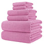 POLYTE 430 GSM Microfiber Quick Dry Lint Free Oversize Bath Towel Set, 6 Piece (Waffle Weave) - color: Pink