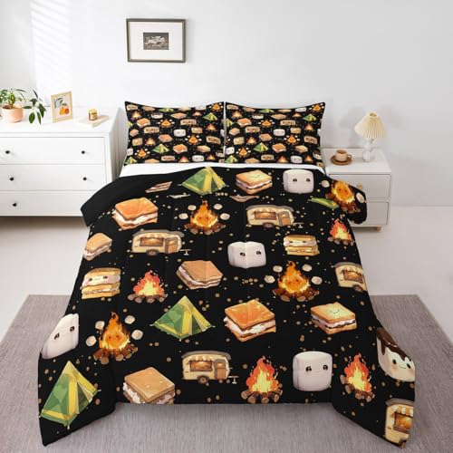 Erosebridal Kids Camping Bedding Set Cute Camper Car Tent Comforter Set Full for Boys Girls,Rv Bunk Comforter Accessories for Inside,Travel Trailers Adventure Quilt Duvet 2 Pcs - color: Black Brown Green, size: Full