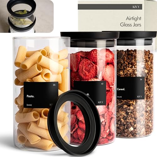 KIVY Airtight Glass Jars with Lids & Labels [3x 40oz] Stackable Glass storage jars with airtight lids - Glass Jars with airtight lid - Food Glass canisters with air tight lids - Pantry containers - size: 40oz * 3