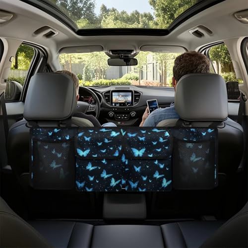 Blue Butterfly Print Car Trunk Organizer with 4 Pockets Hanging Car Backseat Storage Bag Detachable Car Storage Accessories for SUV Sedans Hatchback Crossover Minivan - color: Blue Butterfly Print