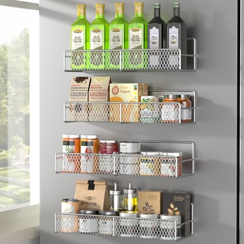 DTUQYX Magnetic Spice Rack for Refrigerator, 4 Pack 100% Metal Strong Magnet Fridge Shelves, Space Saving Spice Organizer, No Drilling Home Kitchen Laundry Room Storage Organization Moveable, Grey - color: Grey, style: 4 Pack