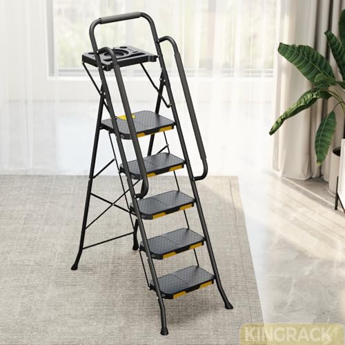 KINGRACK 5 Step Ladder, Sturdy Steel Step Stool with Anti-Slip Wide Pedals, Handrail, Safe-Lock Design, 800lbs Folding Portable Ladder for Multi-Purpose, Home, Kitchen - size: 5-Steps with tool tray