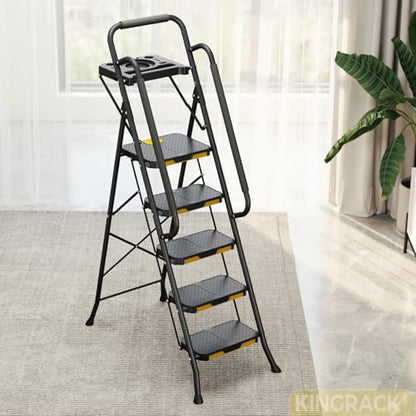 KINGRACK 5 Step Ladder, Sturdy Steel Step Stool with Anti-Slip Wide Pedals, Handrail, Safe-Lock Design, 800lbs Folding Portable Ladder for Multi-Purpose, Home, Kitchen - size: 5-Steps with tool tray