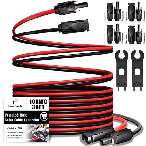 Twin Wire 30FT Solar Extension Cable - 10AWG (6mm²) Solar Panel Connector, with IP67-Male/Female Solar connectors for Outdoor Automotive RV Boat Marine Solar Panel- Black & Red - color: No Sheath, size: 30Ft - 10AWG
