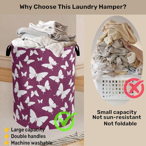 Purple Butterfly Silhouette Laundry Basket with Handles - Extra Large Foldable Hamper for Bathroom/Laundry/Bedroom/Dorm, Washable Fabric Storage Bin - color: Purple Butterfly Silhouette