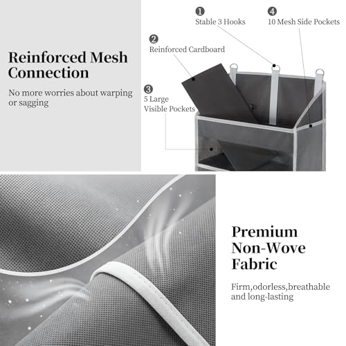 Over the Door Organizer with 5 Large Pockets and 10 Mesh Side Pockets, Hanging Organizer with Clear Windows 44 lbs Weight Capacity for Bedroom, Bathroom, Pantry, Nursery Dark Gray