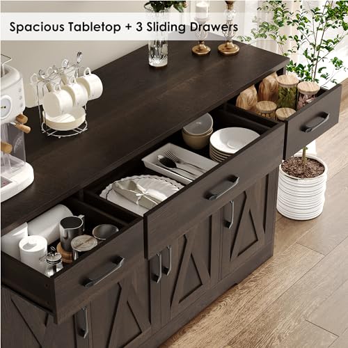 HOSTACK Buffet Cabinet with Drawers, 55" Large Sideboard Buffet Storage Cabinet with Shelves and Doors, Modern Farmhouse Coffee Bar Station Wood Kitchen Table for Kitchen, Dining Room, Dark Brown - color: Dark Brown