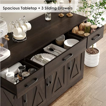 HOSTACK Buffet Cabinet with Drawers, 55" Large Sideboard Buffet Storage Cabinet with Shelves and Doors, Modern Farmhouse Coffee Bar Station Wood Kitchen Table for Kitchen, Dining Room, Dark Brown - color: Dark Brown