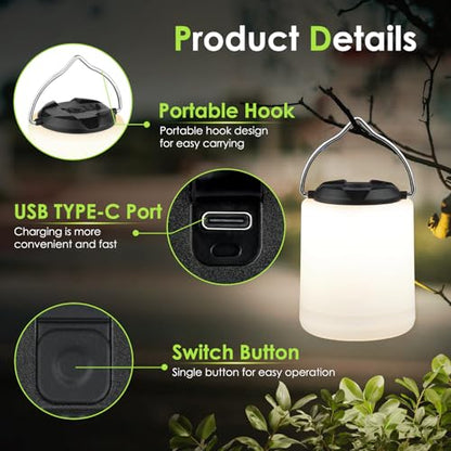 BOBKID LED Camping Lantern, Rechargeable Camping Light, 4 Modes Outdoor Flashlights Lanterns with 1000LM, Water Resistant Portable Emergency Camp Light for Hurricane Hiking Survival Kits - Black - color: Black