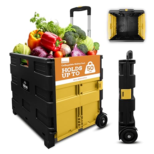 Inspired Living Ultra-Slim Rolling Collapsible Storage Pack-N-Roll Utility-carts, with Telescopic Handle, for Home, Garden, Shopping, Office, School use, Medium, Yellow & Black - color: Yellow, size: Medium/ No Lid
