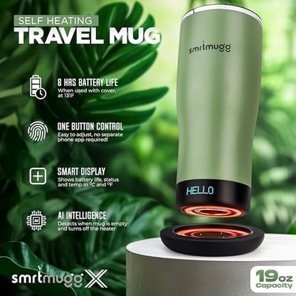 SmrtMugg X Heated Coffee Mug 19 oz., 8 Hour Battery Life, Self-Heating, Adjustable Temp Controlled, LCD Screen, Includes Cover with Magnetic Slider (Black) (Sage Green) - color: Sage Green