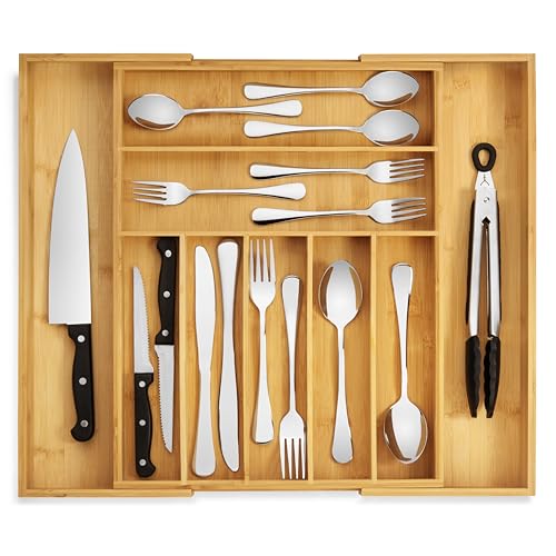 Purawood Bamboo Drawer Organizer - Expandable Silverware Organizer & Utensil Drawer Organizer, Cutlery Tray with Dividers, 7-9 Slots- Kitchen Organizer for Utensils & Flatware (Natural) - color: Natural, size: 9 Slot