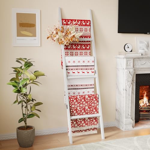 Bamboo Towel Rack 6-Tier Blanket Ladder for Living Room, Bedroom, Bathroom Space-Saving Decorative Ladder for Quilts, Towels and More White - color: White-6tier