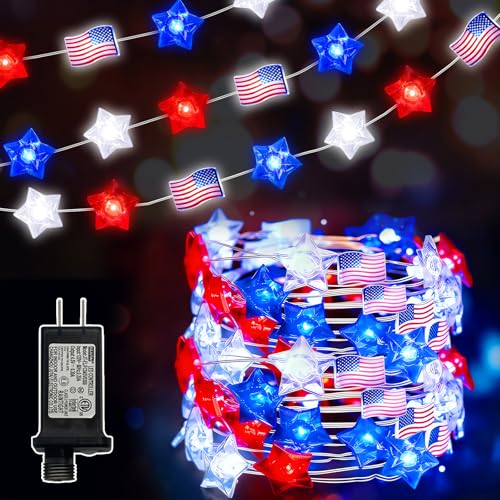 LAMPHOME Red White and Blue Patriotic String Lights, 33FT 100 LED Plug in Fairy Lights with 16 Lighting Modes & Timer, 4th of July Decorations for Independence Day Memorial Day Home Garden Decor - color: Red White Blue Star Flag, size: 100 Count