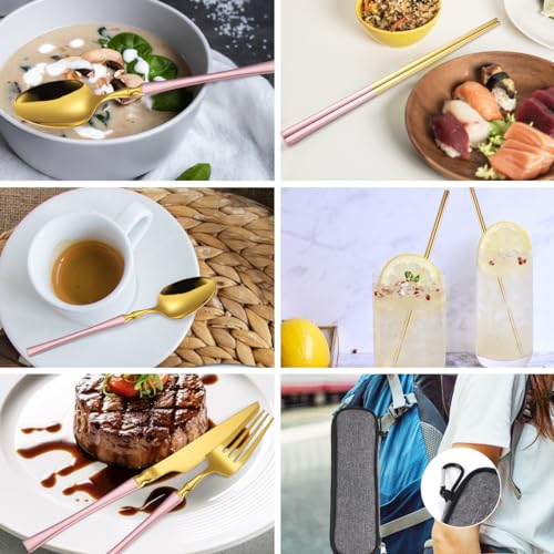 AARAINBOW 7 Pieces Stainless Steel Flatware Set Portable Reusable Cutlery Set Travel Utensils Set Including Chopsticks Knife Fork Spoon Straws Cleaning Brush Dishwasher Safe (B-Pink Golden) - color: B-Pink Golden