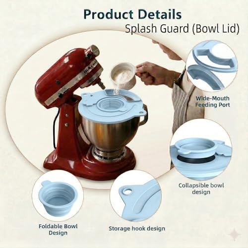 3-Piece Set: Silicone Flour Funnel & Bowl Cover for KitchenAid Mixer 4.5-5 Qt Tilt-Head, Splash Guard Lid with Foldable Measuring Cup for Dough Proofing & Mixing, KitchenAid Mixer Accessori（Blue) - color: Blue