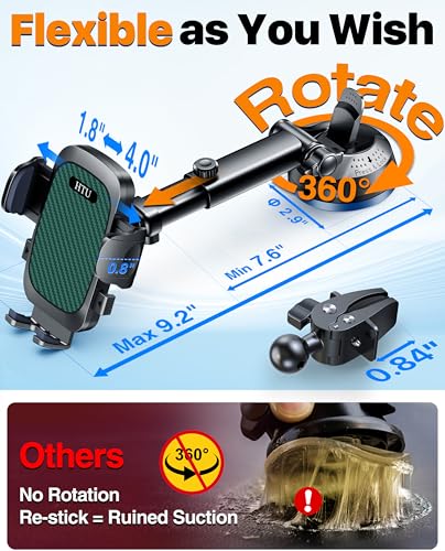 HTU 2026 Ultimate Best【True Military-Grade & Safety Cert】Car Phone Holder【Upgraded 360 Rotation & 100+LBS Strongest Suction】5-in-1 Truck Windshield Dashboard Vent Mount Stand for iPhone Android, Green - color: Green