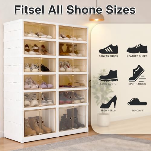 SAYMA Foldable Shoe Rack Organizer, Plastic Collapsible Shoe Storage Cabinet with Door, Easy Assembly Shoe Shelf for Entryway, Clear Stackable Shoe Box (6 Tiers, 24 Pairs) - size: 6 Tiers-24 Pairs
