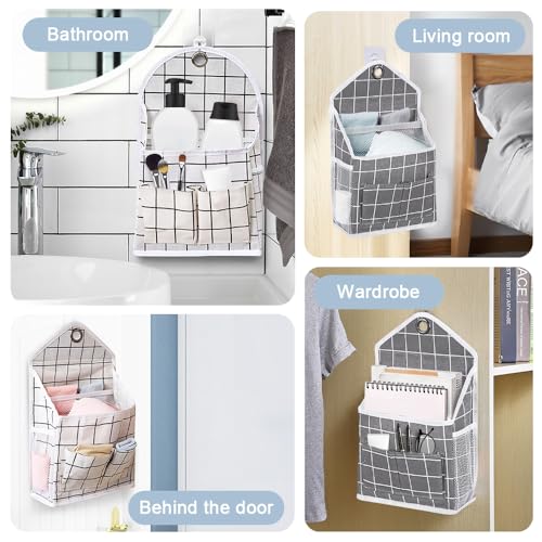 2PC Wall Hanging Storage Bag Organizer Baskets Caddy Closet (Grey+Beige) | Over The Door Hanging Basket with Pockets and Adhesive Hooks Wall File Organizer for Bedroom Kitchen Office Dormitory