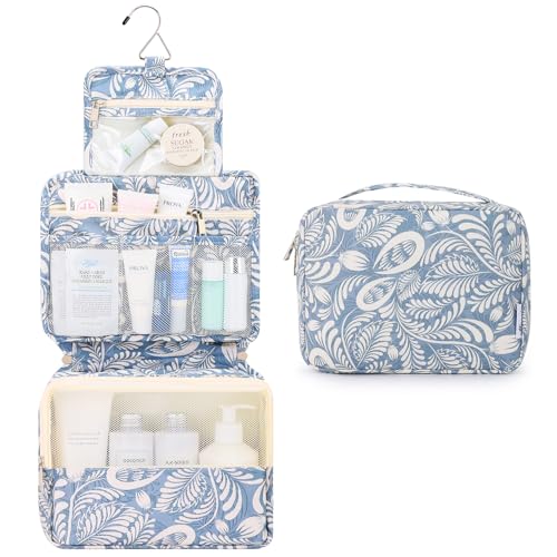 Mossio Hanging Toiletry Bag with Sturdy Hook - Large Portable Cosmetic Makeup Travel Organizer for Men & Women - color: Blue Leaf