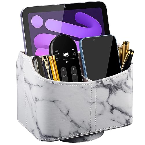 PU Leather Remote Control Holder 360 Degree Rotating Desk Organizer/Caddy Storage Box for Remote Controllers,TV Guide, Mail, Electronics,Pen,Stationery and Media Storage white - color: white