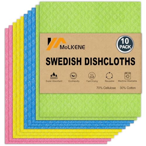 MoLKENE Swedish Dishcloths for Kitchen | 10 Pack Cellulose Sponge Dish Cloths Washable | Non-Scratch Reusable Towels Rags Ultra-Absorbent Cleaning Cloths Quick Drying - color: 10 Pack Multicolor, size: 10 Pack