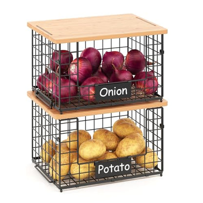 keomaisyto 2 Set XL Stackable Wire Baskets with Bamboo Top- Pantry Organizers and Storage, Kitchen Organization Counter Storage Bins for Potato/Onion/Fruit/Vegetable/Produce, Under Sink Organizing - size: XL-17.28x13.15x8.43