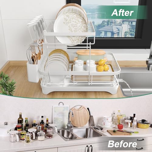 Dish Drying Rack, Two-Tier Dish Drying Rack with Utensil Holder and Cutlery Tray – Auto-Draining Large Capacity Dish Drainer with Drainboard for Kitchen Counter, White - color: 2-tier - White