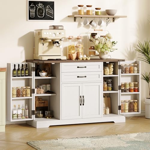 Vabches Sideboard Buffet Cabinet with 2 Drawers, Farmhouse Kitchen Pantry with Adjustable Shelves, Coffee Bar Cupboard Cabinet with 4 Doors for Kitchen & Dining Room