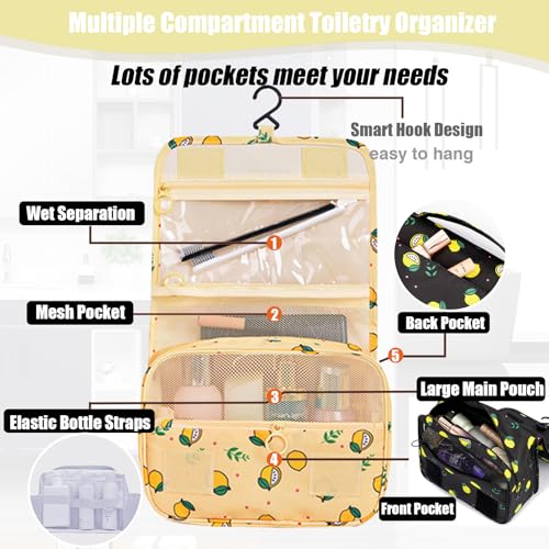 L&FY Hanging Travel Toiletry Bag Women's Cosmetic Organizer Makeup Pouch Men's Shaving Kits With Handle (Yellow Lemon) - color: Yellow Lemon, size: Compact Size