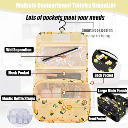 L&FY Hanging Travel Toiletry Bag Women's Cosmetic Organizer Makeup Pouch Men's Shaving Kits With Handle (Yellow Lemon) - color: Yellow Lemon, size: Compact Size