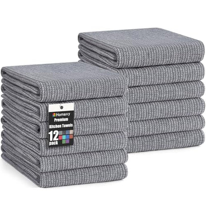 Homaxy Premium Kitchen Towels(18”x 28”, 12 Pack), Large Cotton Kitchen Hand Towels, Flat and Terry Dish Towels, 380 GSM Highly Absorbent Tea Towel Set with Hanging Loop, Grey - color: Grey, style: 12-pack
