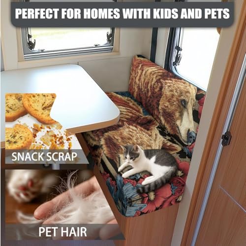 Bear Hibiscus Pattern 3 Pcs RV Dinette Cushion Covers Anti-Slip Camper Cushion Slipcover Stretch 2 Seat Sofa Chair Covers 1 Backrest Cover 1 Bench Cover and 1 Pillowcase - color: Bear Hibiscus
