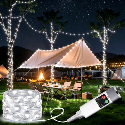 Joomer Camping String Lights, 33FT 100LED Rechargeable Outdoor Lights Waterproof, 13 Modes Camping Essentials Gear for Tent Awning Garden Patio Travel Decoration (White) - color: White, size: 33FT