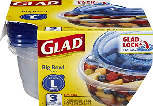 Glad GladWare Big Bowl Food Storage Containers with Lids, Large Round No BPA Plastic Containers for Soups, Salads, and Meal Prep, Lock Tight Seal, Microwave Dishwasher Safe, 48 Oz, 3 Count - 6 Pack - size: 3 Count (Pack of 6), style: Round