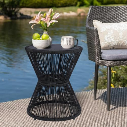 SUNNYPARK Outdoor Side Table 20'' H Small End Tables Woven Rope Weather Resistant with Glass Top Round Coffee Table for Indoor Balcony Patio Poolside (Black) - color: Black