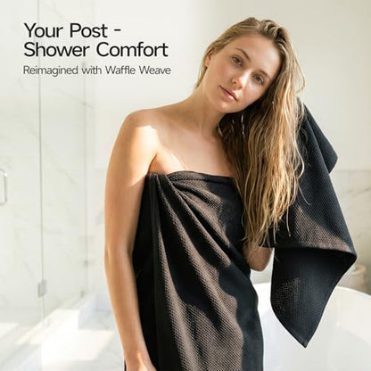 REDKISS 100% Cotton Waffle Weave Bath Towels 4 Piece - 27.5x55 Inches| Lightweight, Quick Dry & Highly Absorbent,Perfect for Spa, Gym, Travel, Guest Bathroom-Black - color: Black