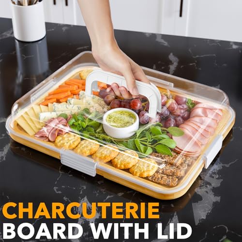 SpaceAid Charcuterie Board with Clear Lid, Portable Travel Cheese Cutting Boards for Picnic Accessories, Bamboo Serving Tray with Lids, House Warming Gifts, White Handles, 1 Compartments - color: White Handles, 1 Compartment