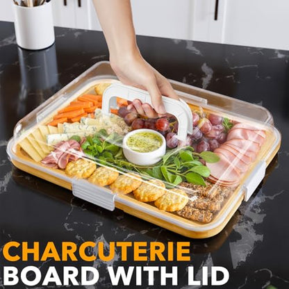 SpaceAid Charcuterie Board with Clear Lid, Portable Travel Cheese Cutting Boards for Picnic Accessories, Bamboo Serving Tray with Lids, House Warming Gifts, White Handles, 1 Compartments - color: White Handles, 1 Compartment