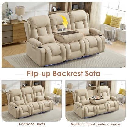 TUNYI Power Loveseat Recliner Sofa with Massage & Heat Home Theater Seating with Console RV Recliner Loveseat Sofa with USB/Storage/Side Pocket/LED Light/Speaker (Beige, 3 Seat) - color: Beige, size: 3 Seat