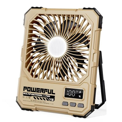 Portable Fan, Camping Fan, 20000mAh 6-Inch 18-85H Rechargeable Ultra Thin Foldable with Built-in Power Bank, LED Light, Remote Control, Hook for Outdoor Camping Tent RV Travel (Khaki) - color: Khaki