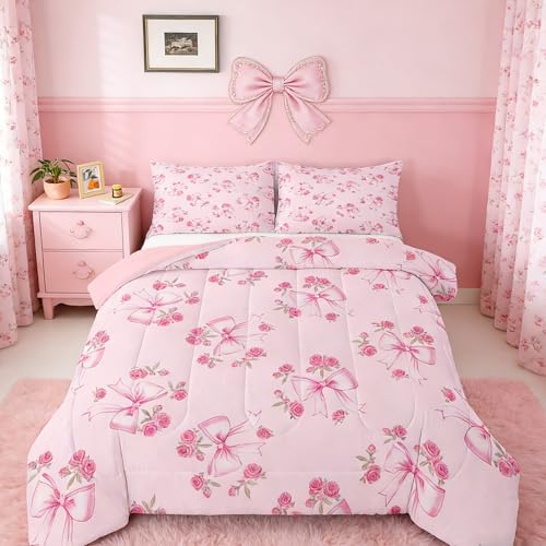 Feelyou Pink Flower Bow Bedding Set Soft for Boys Girls, Cute Floral Bowknot Comforter Set Twin Size Princess Bow-Tie Duvet Quilt Microfiber Bedroom Decor 2 Pcs with 1 Pillow Cases - color: Baby Pink01, size: Twin
