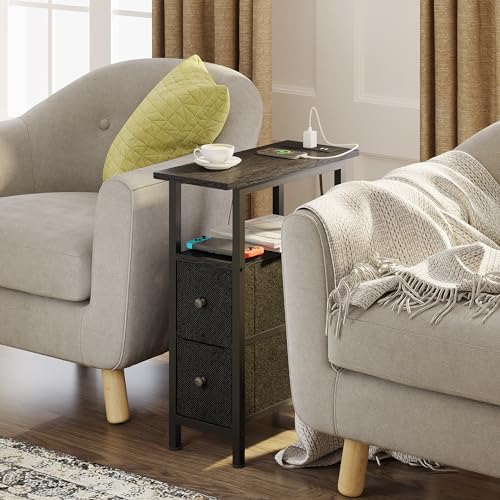 TRIFEBLE End Table with Charging Station, Narrow Side Table with 2 Fabric Drawers, Skinny Nightstand with LED Light, Slim Bedside Table for Bedroom, Living Room, Small Spaces, Black - color: Black