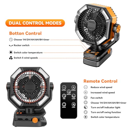 Portable Rechargeable Clip on Fan for Camping,20000mAh Battery Operated Powered Powered Fan with LED Light and Hanging Hook for Tents,Cordless Desk Fan with Remote
