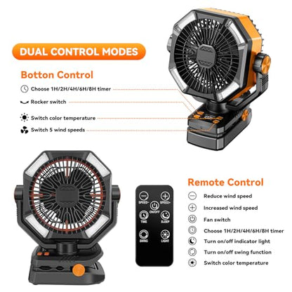 Portable Rechargeable Clip on Fan for Camping,20000mAh Battery Operated Powered Powered Fan with LED Light and Hanging Hook for Tents,Cordless Desk Fan with Remote