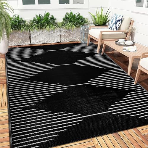 Falflor Outdoor Rug Waterproof 6x9 ft, Reversible Outdoor Plastic Straw Rug, Large Outdoor Patio Rug for RV Camping, Indoor Outdoor Rugs for Porch Deck Backyard Balcony Picnic Beach - color: Black, size: 6' x 9'